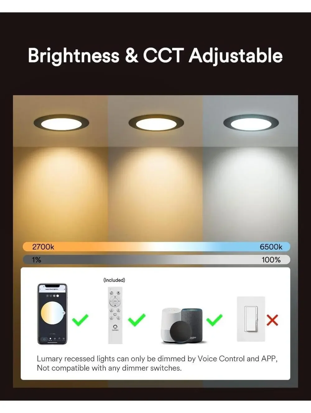 Lumary Smart Recessed Lighting 6 Inch RGB LED Downlight 13W 1000LM 4 Pack